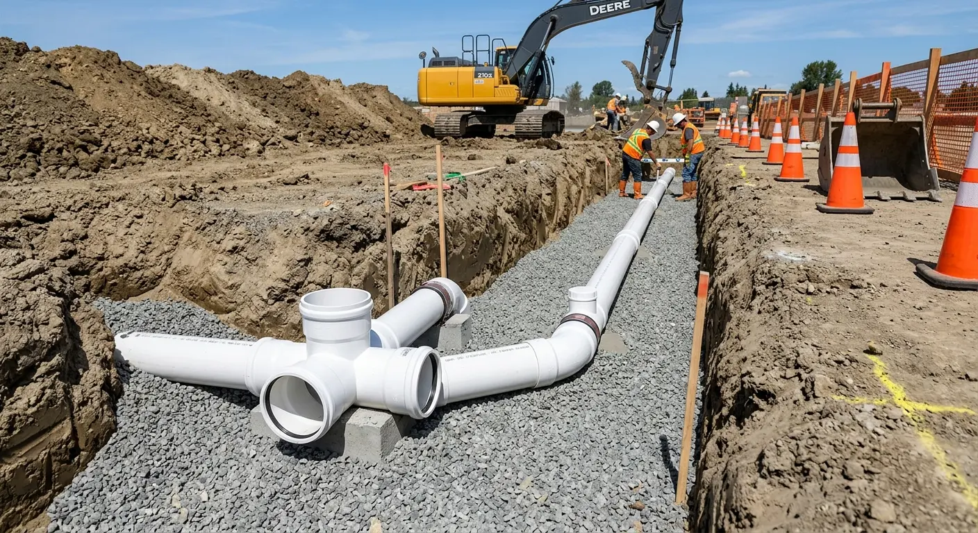 New PVC sewer pipe installation in open trench for Sewer Backup in Riverbank