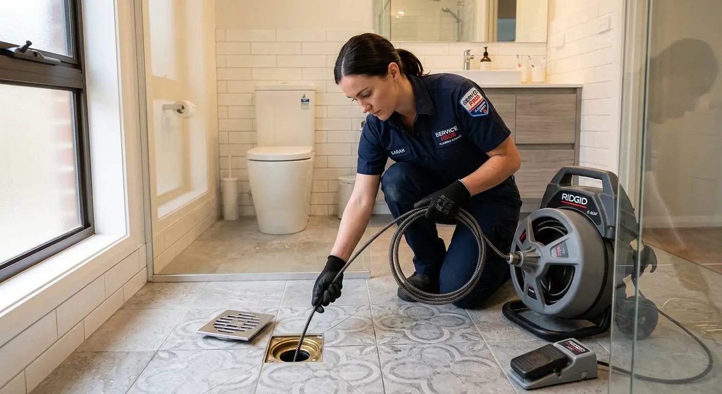 Technician clearing a bathroom floor drain for Drain Cleaning in Riverbank